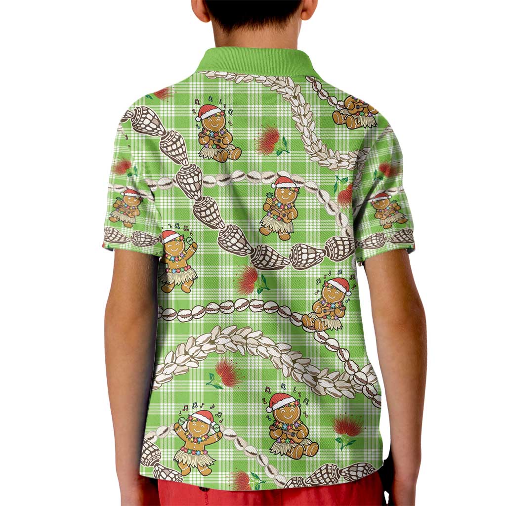 Green Palaka Hawaii Mele Kalikimaka Kid Polo Shirt Ohia Lehua Shell Leis Funny Gingerbread Santa - Polynesian Pride