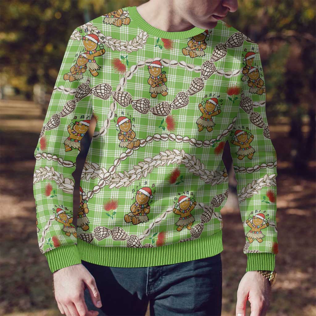 Green Palaka Hawaii Mele Kalikimaka Ugly Christmas Sweater Ohia Lehua Shell Leis Funny Gingerbread Santa - Polynesian Pride