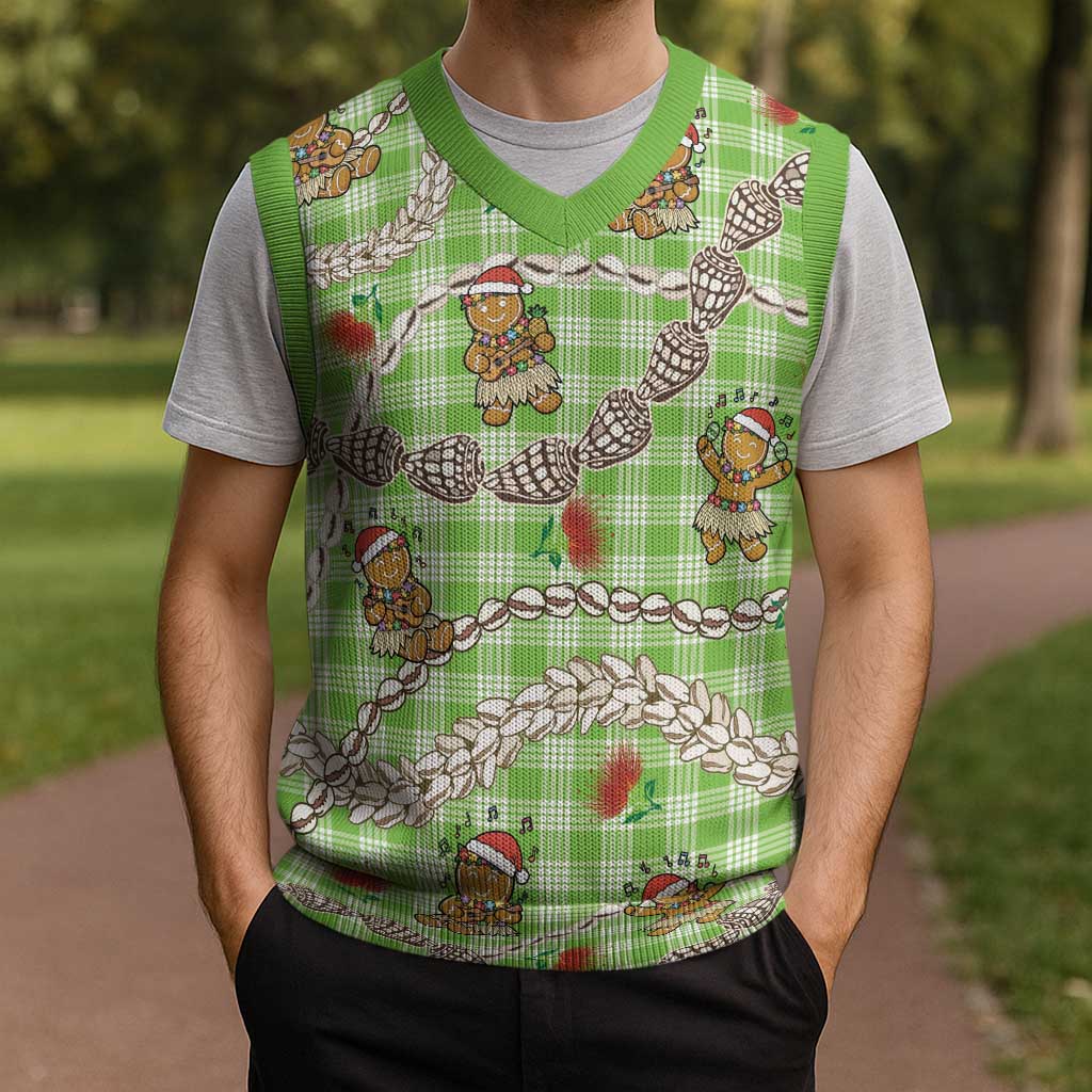 Green Palaka Hawaii Mele Kalikimaka Christmas Knitted V-Neck Vest Ohia Lehua Shell Leis Funny Gingerbread Santa - Polynesian Pride