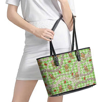 Green Palaka Hawaii Mele Kalikimaka Leather Tote Bag Ohia Lehua Shell Leis Funny Gingerbread Santa - Polynesian Pride
