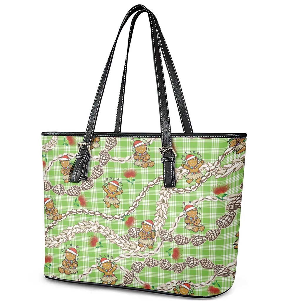 Green Palaka Hawaii Mele Kalikimaka Leather Tote Bag Ohia Lehua Shell Leis Funny Gingerbread Santa - Polynesian Pride