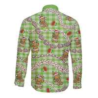 Green Palaka Hawaii Mele Kalikimaka Long Sleeve Button Shirt Ohia Lehua Shell Leis Funny Gingerbread Santa - Polynesian Pride