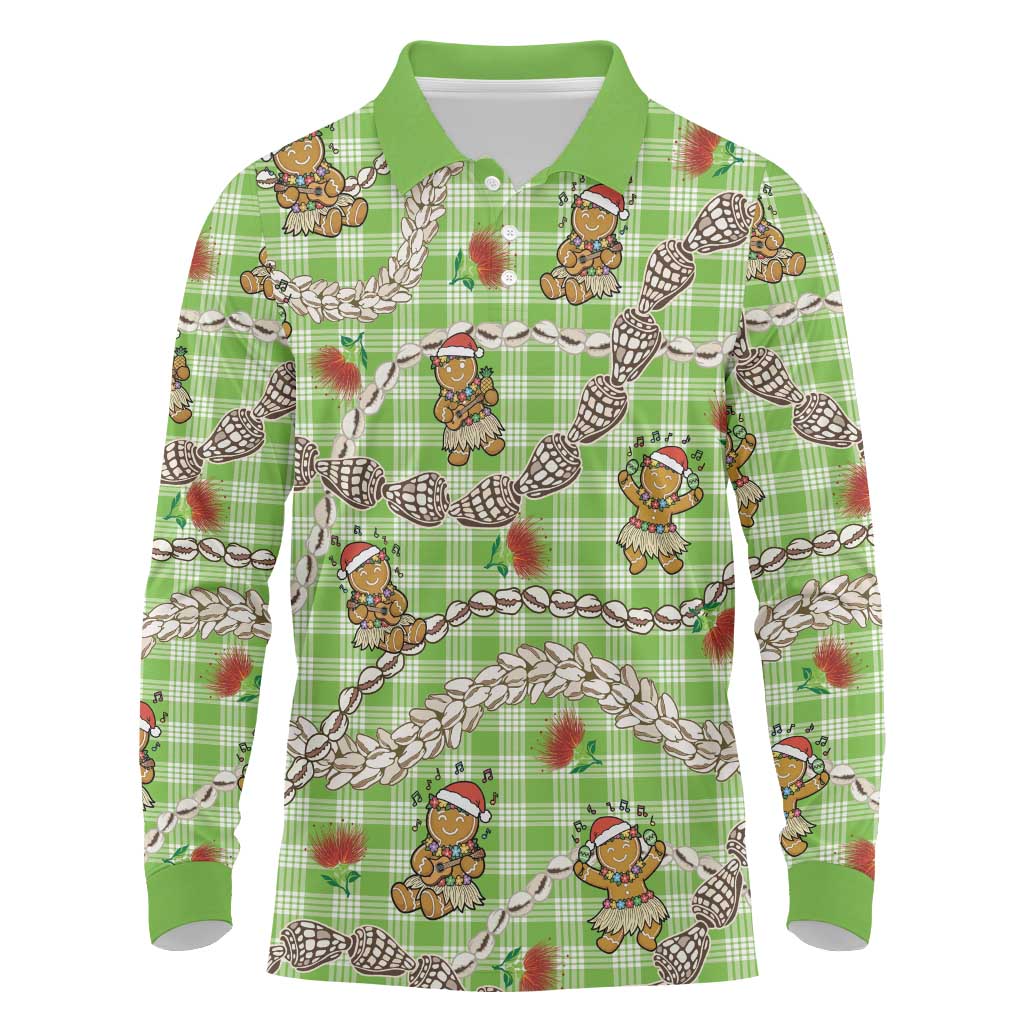 Green Palaka Hawaii Mele Kalikimaka Long Sleeve Polo Shirt Ohia Lehua Shell Leis Funny Gingerbread Santa - Polynesian Pride