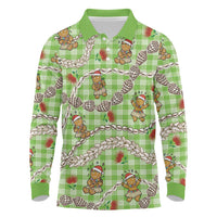Green Palaka Hawaii Mele Kalikimaka Long Sleeve Polo Shirt Ohia Lehua Shell Leis Funny Gingerbread Santa - Polynesian Pride