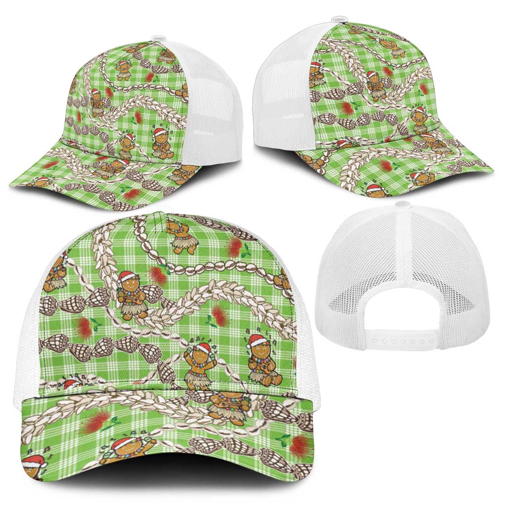 Green Palaka Hawaii Mele Kalikimaka Mesh Trucker Cap Ohia Lehua Shell Leis Funny Gingerbread Santa - Polynesian Pride