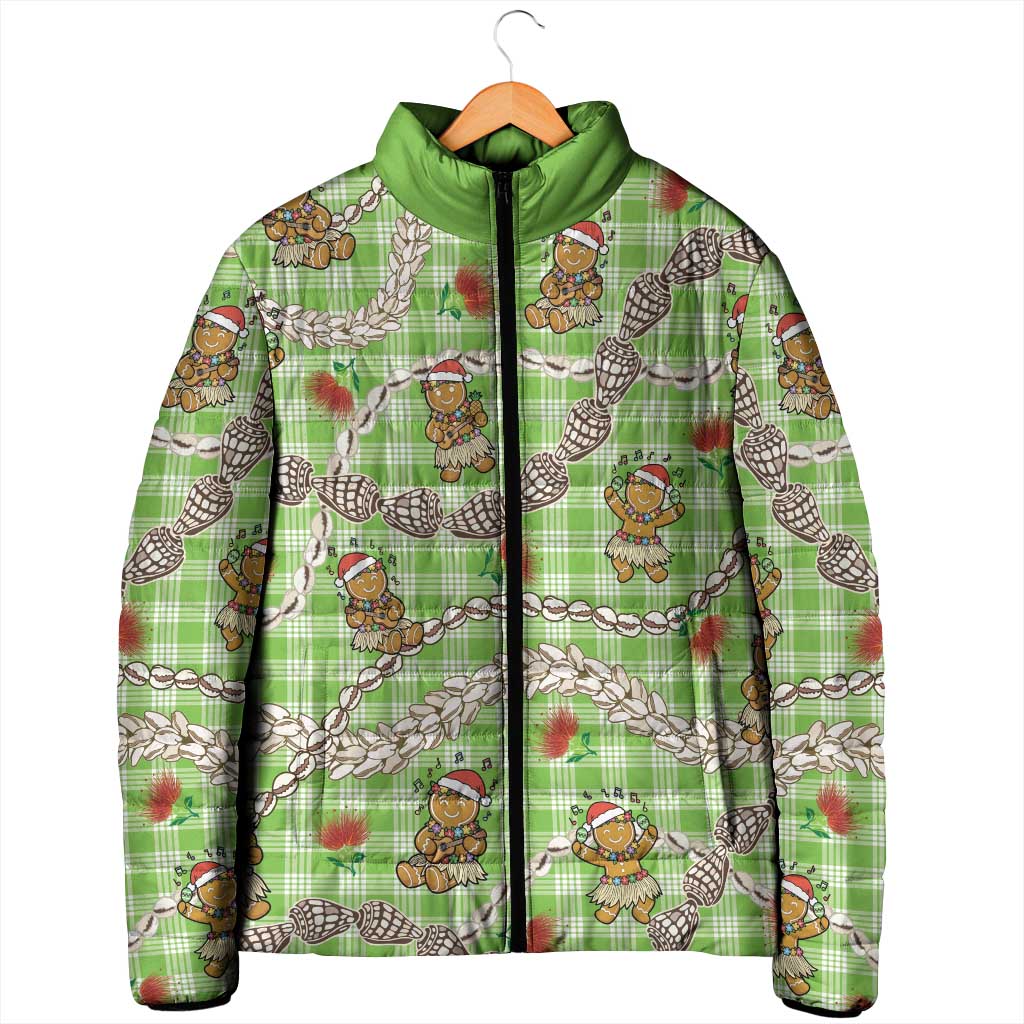 Green Palaka Hawaii Mele Kalikimaka Padded Jacket Ohia Lehua Shell Leis Funny Gingerbread Santa - Polynesian Pride