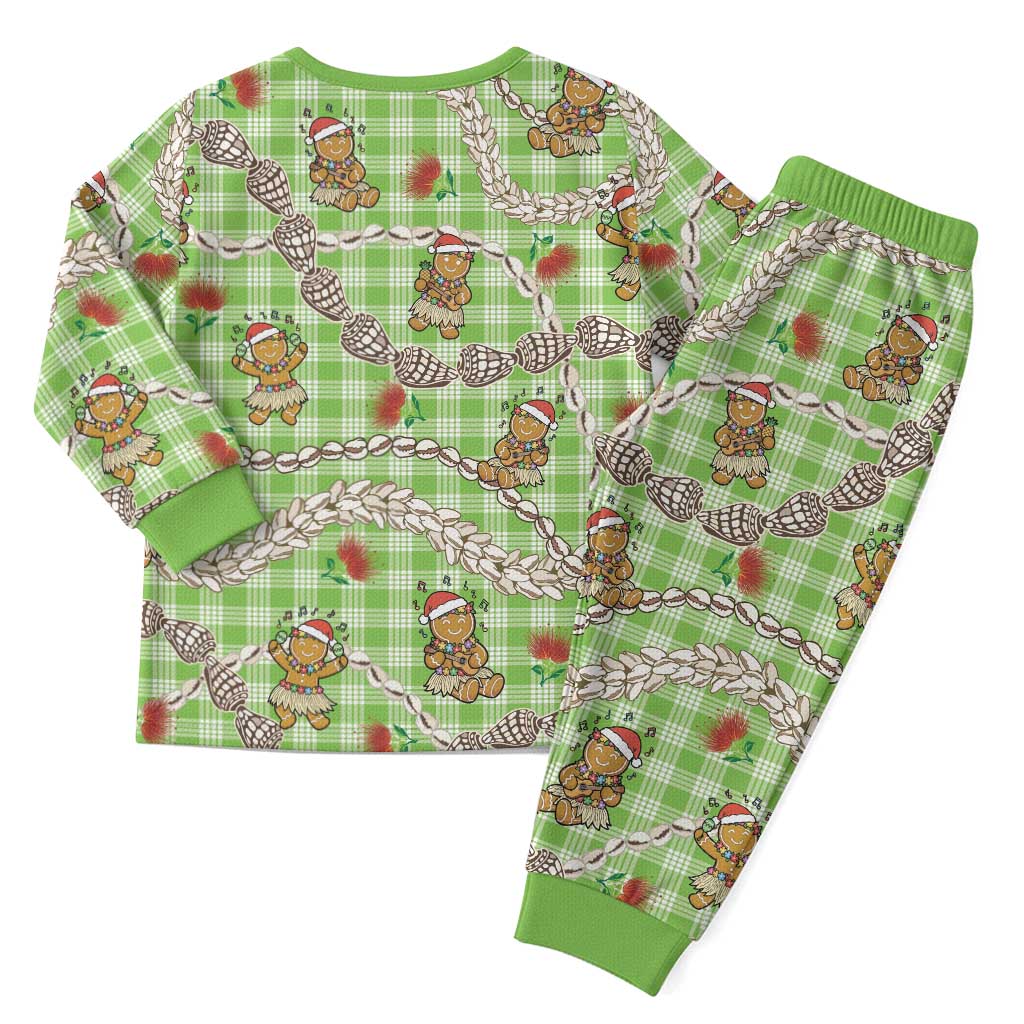Green Palaka Hawaii Mele Kalikimaka Christmas Pajama Set Ohia Lehua Shell Leis Funny Gingerbread Santa - Polynesian Pride