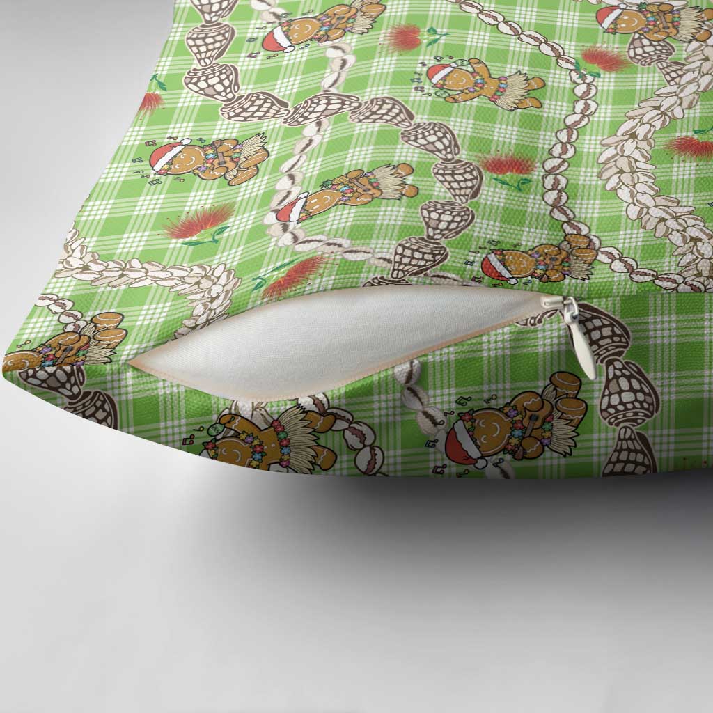 Green Palaka Hawaii Mele Kalikimaka Pillow Cover Ohia Lehua Shell Leis Funny Gingerbread Santa - Polynesian Pride