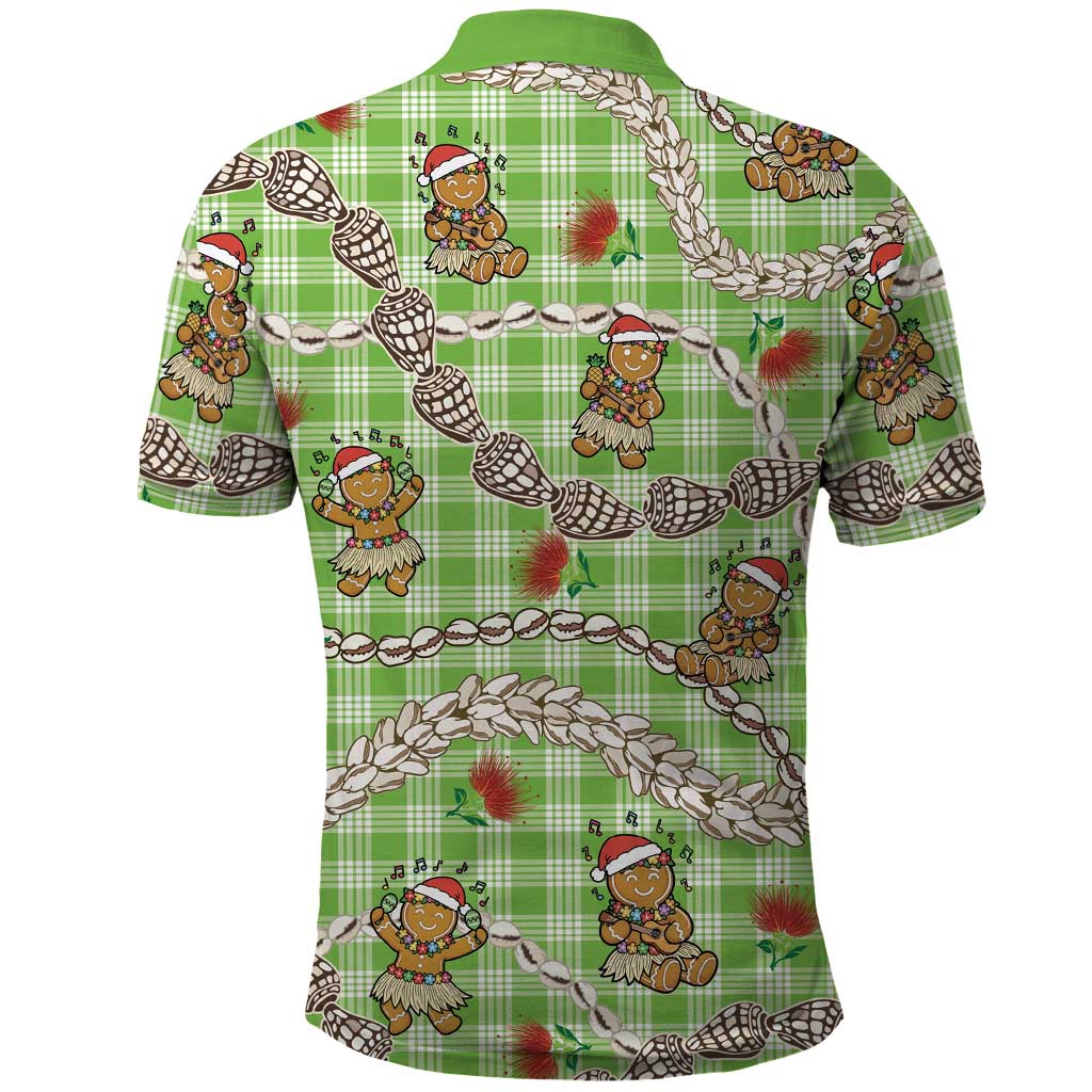 Green Palaka Hawaii Mele Kalikimaka Polo Shirt Ohia Lehua Shell Leis Funny Gingerbread Santa - Polynesian Pride