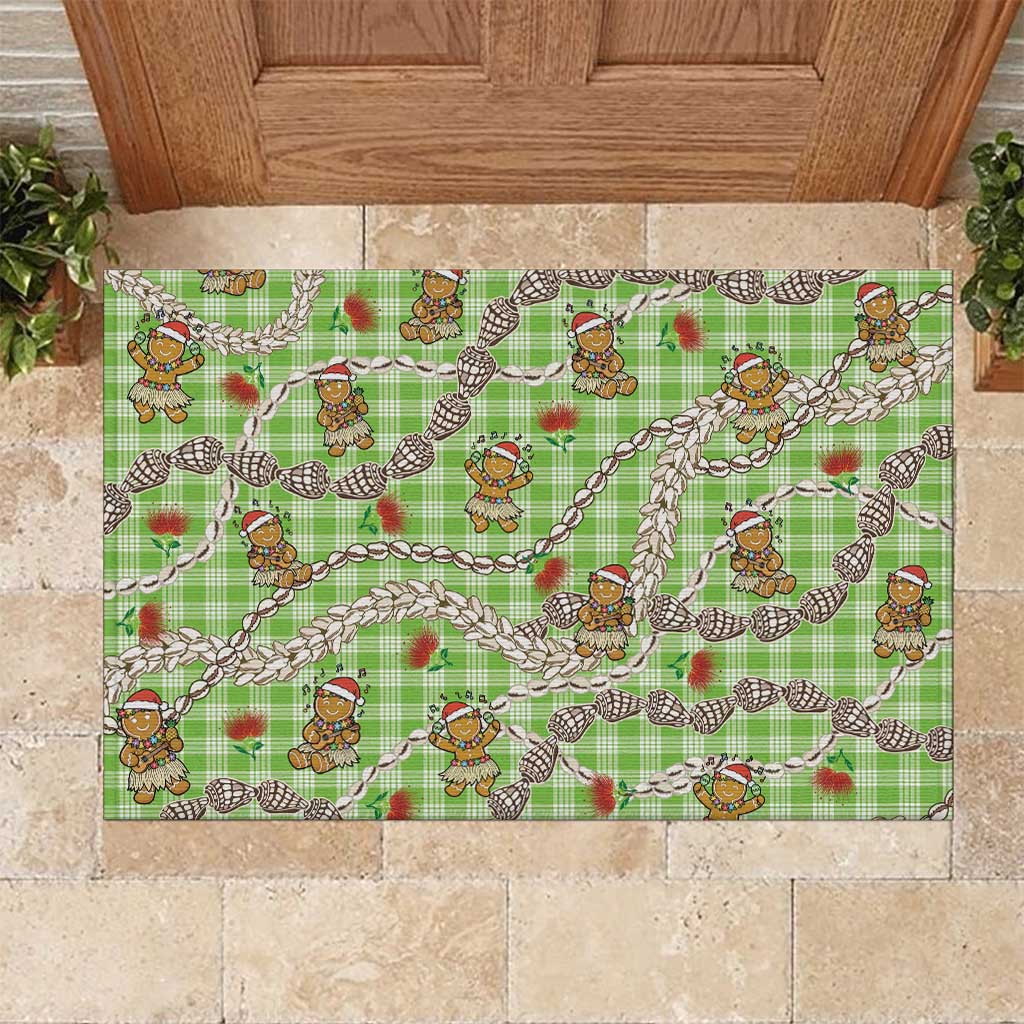 Green Palaka Hawaii Mele Kalikimaka Rubber Doormat Ohia Lehua Shell Leis Funny Gingerbread Santa - Polynesian Pride