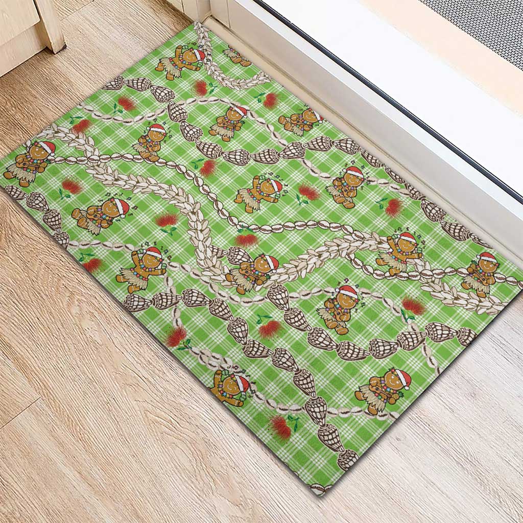 Green Palaka Hawaii Mele Kalikimaka Rubber Doormat Ohia Lehua Shell Leis Funny Gingerbread Santa - Polynesian Pride