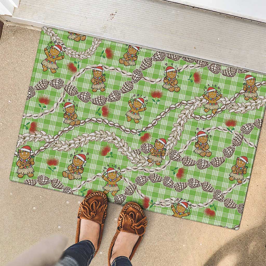 Green Palaka Hawaii Mele Kalikimaka Rubber Doormat Ohia Lehua Shell Leis Funny Gingerbread Santa - Polynesian Pride