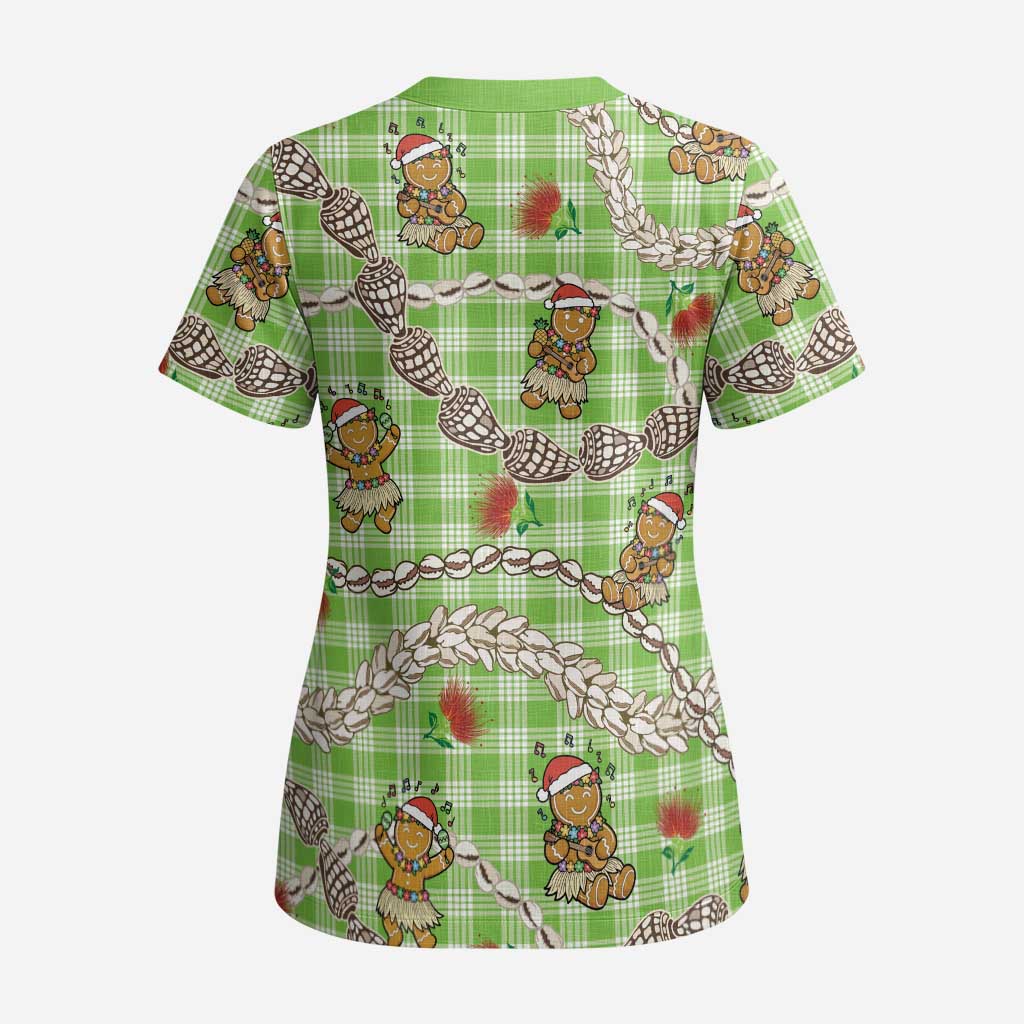 Green Palaka Hawaii Mele Kalikimaka Scrub Top Ohia Lehua Shell Leis Funny Gingerbread Santa - Polynesian Pride