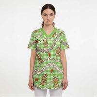 Green Palaka Hawaii Mele Kalikimaka Scrub Top Ohia Lehua Shell Leis Funny Gingerbread Santa - Polynesian Pride
