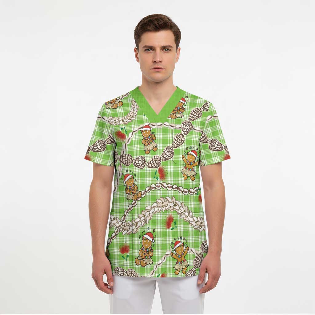 Green Palaka Hawaii Mele Kalikimaka Scrub Top Ohia Lehua Shell Leis Funny Gingerbread Santa - Polynesian Pride