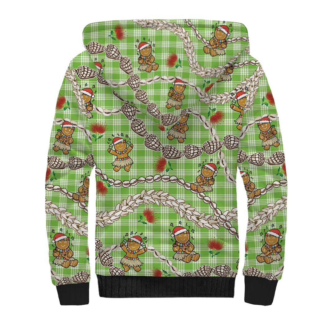 Green Palaka Hawaii Mele Kalikimaka Sherpa Hoodie Ohia Lehua Shell Leis Funny Gingerbread Santa - Polynesian Pride