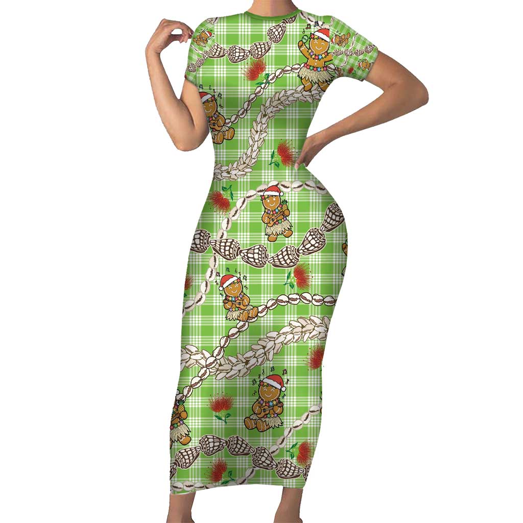 Green Palaka Hawaii Mele Kalikimaka Short Sleeve Bodycon Dress Ohia Lehua Shell Leis Funny Gingerbread Santa - Polynesian Pride