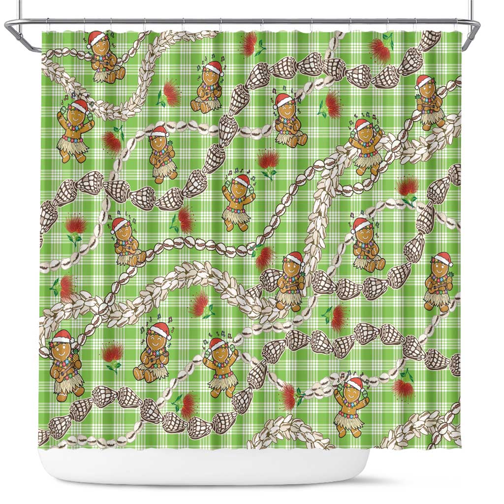 Green Palaka Hawaii Mele Kalikimaka Shower Curtain Ohia Lehua Shell Leis Funny Gingerbread Santa - Polynesian Pride