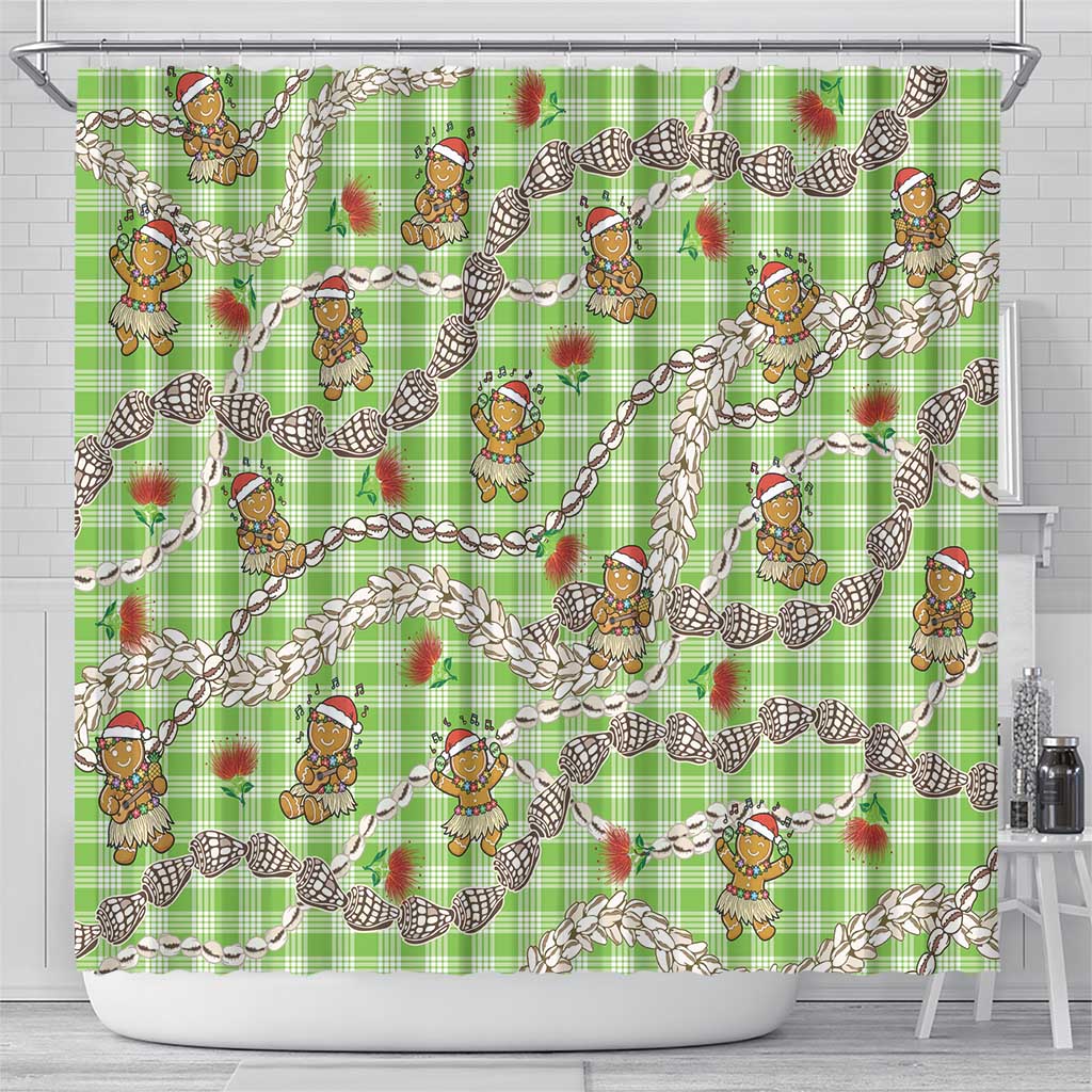 Green Palaka Hawaii Mele Kalikimaka Shower Curtain Ohia Lehua Shell Leis Funny Gingerbread Santa - Polynesian Pride
