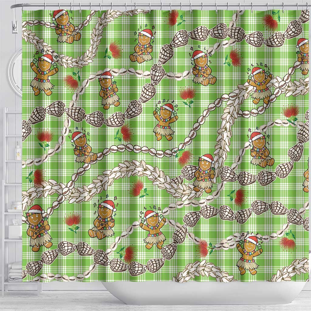 Green Palaka Hawaii Mele Kalikimaka Shower Curtain Ohia Lehua Shell Leis Funny Gingerbread Santa - Polynesian Pride