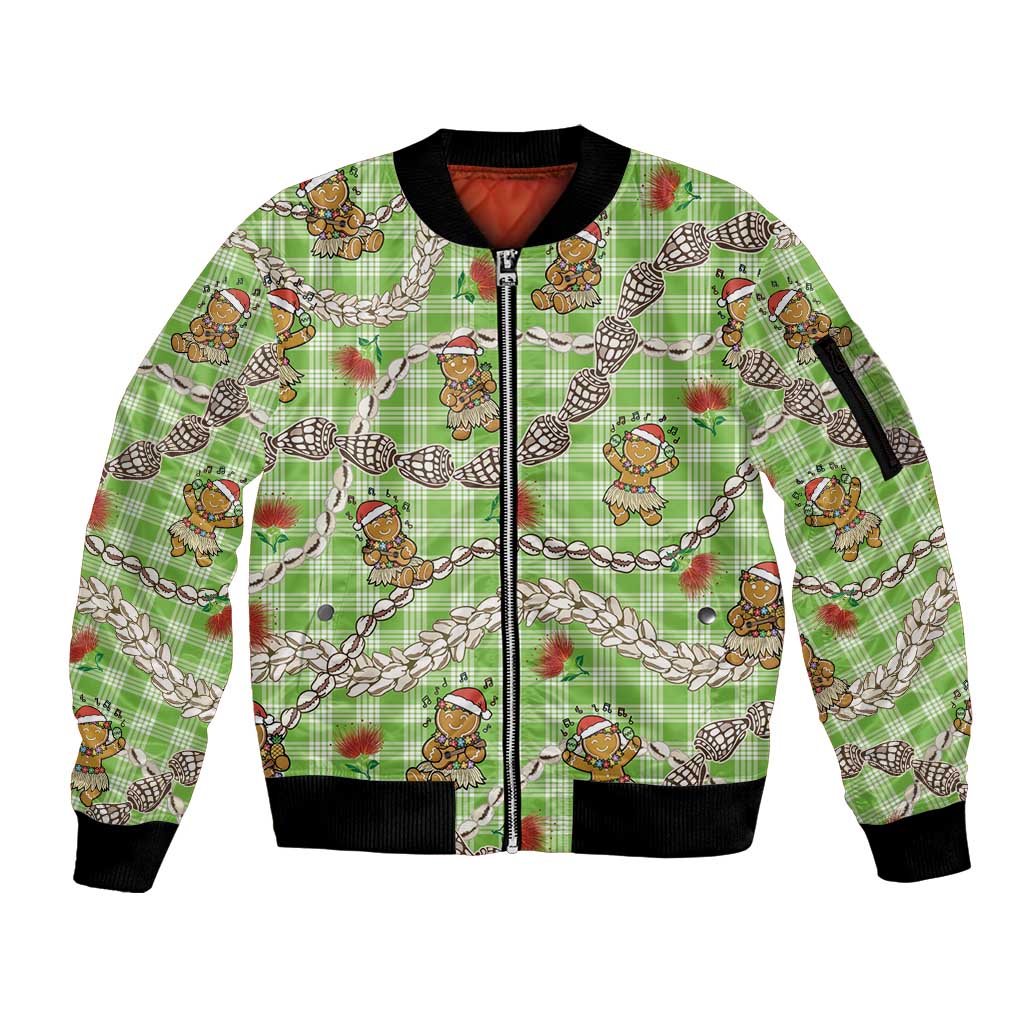 Green Palaka Hawaii Mele Kalikimaka Sleeve Zip Bomber Jacket Ohia Lehua Shell Leis Funny Gingerbread Santa - Polynesian Pride