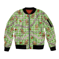 Green Palaka Hawaii Mele Kalikimaka Sleeve Zip Bomber Jacket Ohia Lehua Shell Leis Funny Gingerbread Santa - Polynesian Pride