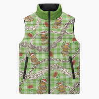 Green Palaka Hawaii Mele Kalikimaka Sleeveless Puffer Jacket Ohia Lehua Shell Leis Funny Gingerbread Santa - Polynesian Pride