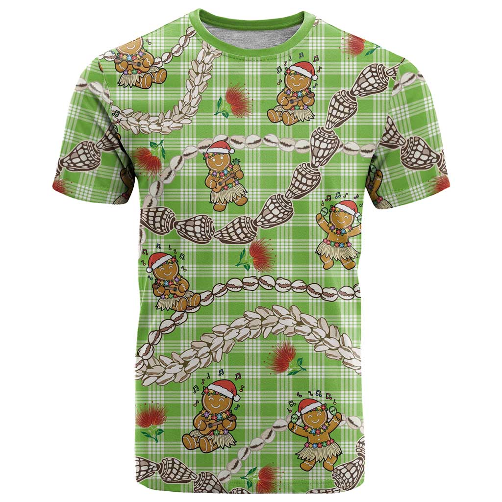 Green Palaka Hawaii Mele Kalikimaka T Shirt Ohia Lehua Shell Leis Funny Gingerbread Santa - Polynesian Pride