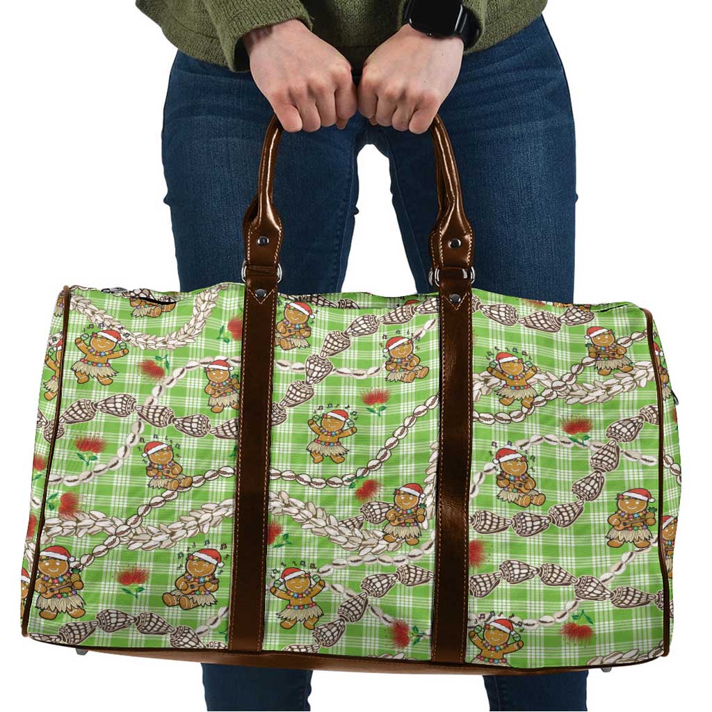 Green Palaka Hawaii Mele Kalikimaka Travel Bag Ohia Lehua Shell Leis Funny Gingerbread Santa - Polynesian Pride