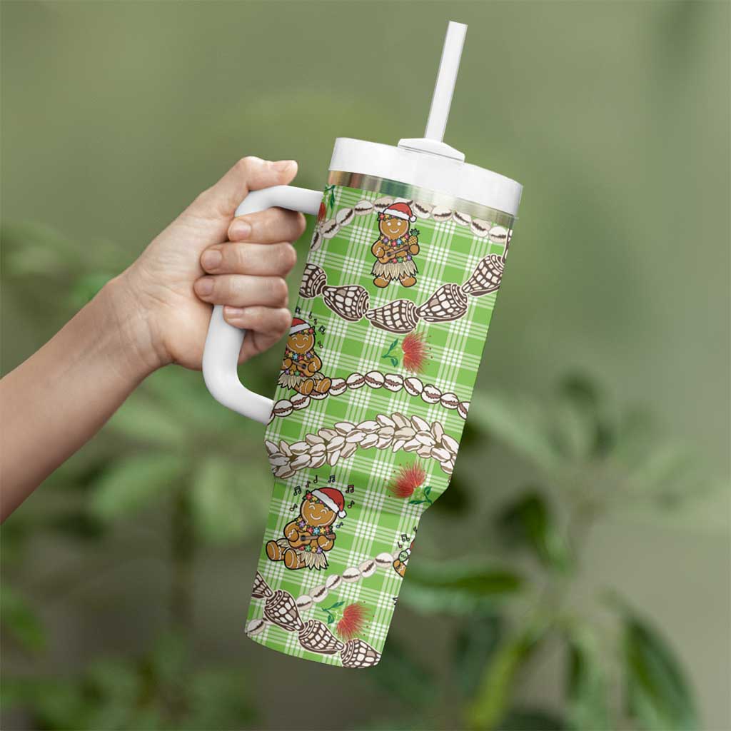 Green Palaka Hawaii Mele Kalikimaka Tumbler With Handle Ohia Lehua Shell Leis Funny Gingerbread Santa - Polynesian Pride