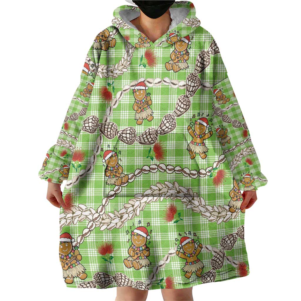 Green Palaka Hawaii Mele Kalikimaka Wearable Blanket Hoodie Ohia Lehua Shell Leis Funny Gingerbread Santa - Polynesian Pride