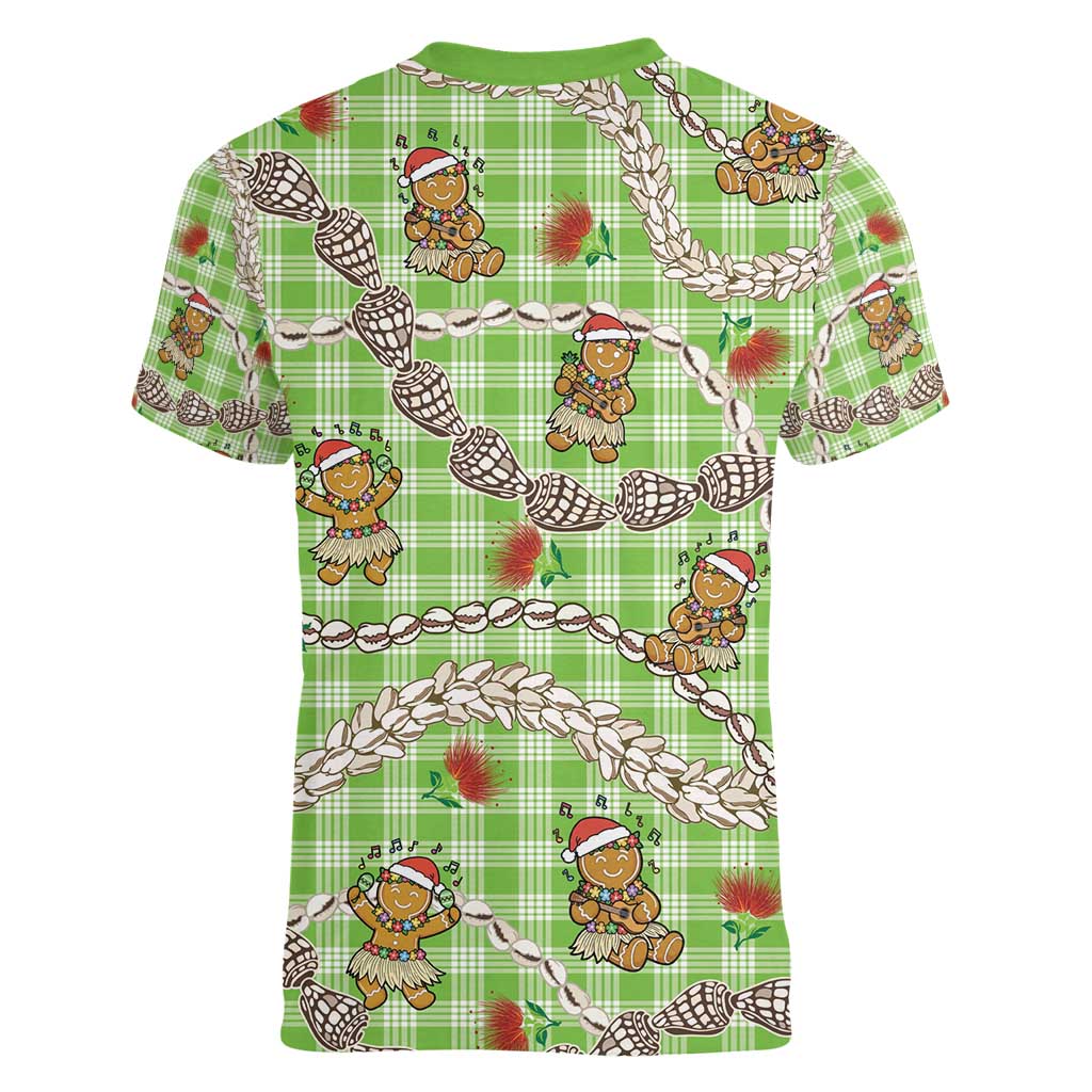 Green Palaka Hawaii Mele Kalikimaka Women V-Neck T-Shirt Ohia Lehua Shell Leis Funny Gingerbread Santa - Polynesian Pride