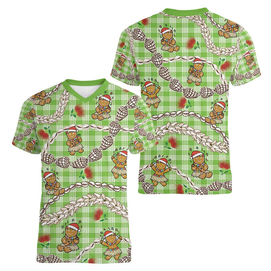 Green Palaka Hawaii Mele Kalikimaka Women V-Neck T-Shirt Ohia Lehua Shell Leis Funny Gingerbread Santa - Polynesian Pride