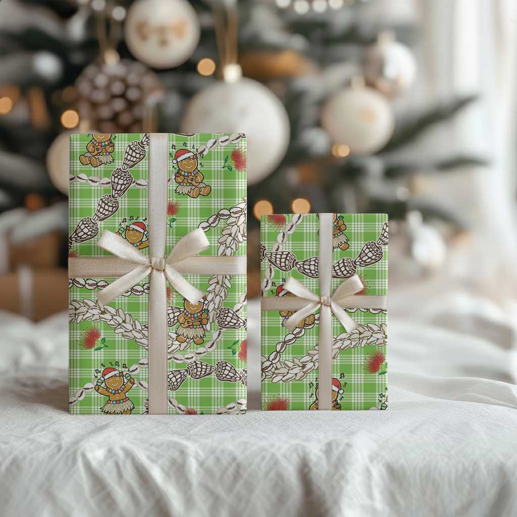 Green Palaka Hawaii Mele Kalikimaka Wrapping Paper Ohia Lehua Shell Leis Funny Gingerbread Santa - Polynesian Pride