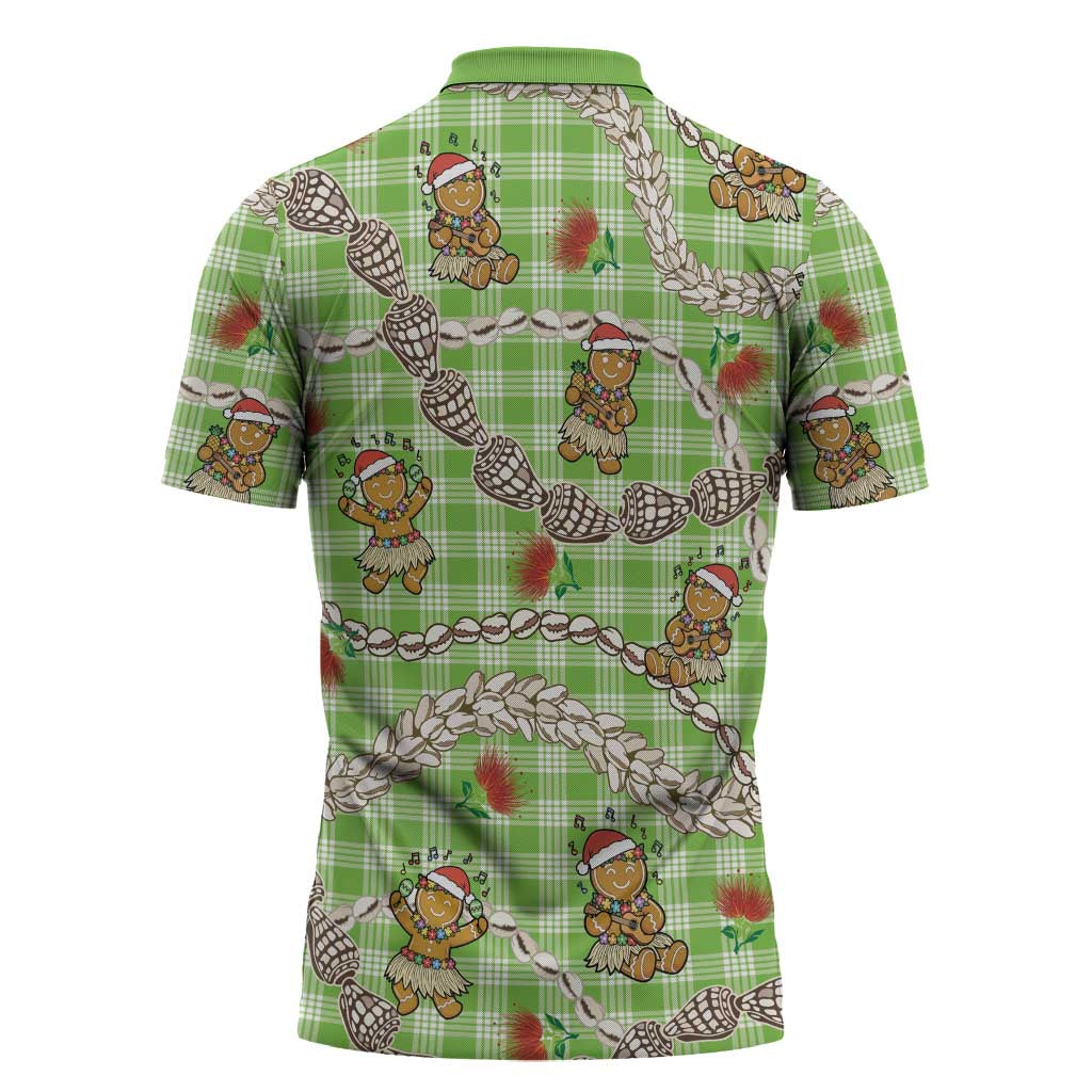 Green Palaka Hawaii Mele Kalikimaka Zipper Polo Shirt Ohia Lehua Shell Leis Funny Gingerbread Santa - Polynesian Pride