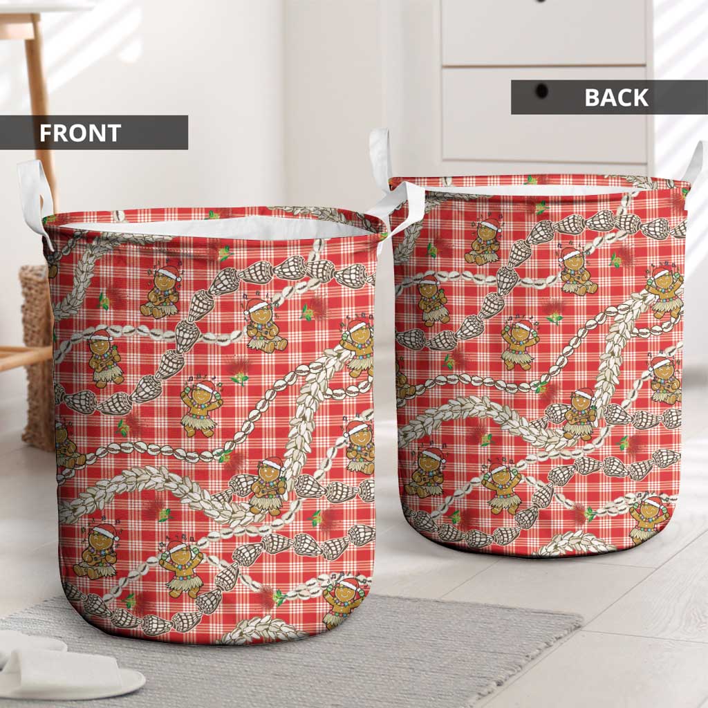 Red Palaka Hawaii Mele Kalikimaka Laundry Basket Ohia Lehua Shell Leis Funny Gingerbread Santa - Polynesian Pride
