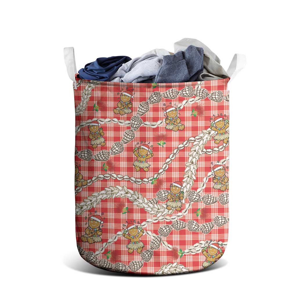 Red Palaka Hawaii Mele Kalikimaka Laundry Basket Ohia Lehua Shell Leis Funny Gingerbread Santa - Polynesian Pride