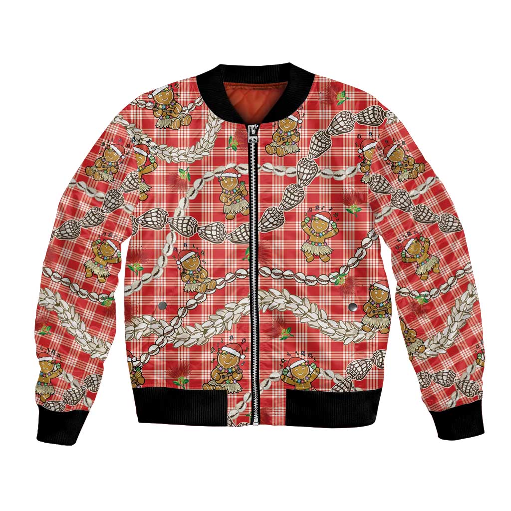 Red Palaka Hawaii Mele Kalikimaka Bomber Jacket Ohia Lehua Shell Leis Funny Gingerbread Santa - Polynesian Pride