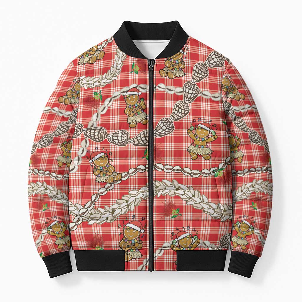 Red Palaka Hawaii Mele Kalikimaka Bomber Puffer Jacket Ohia Lehua Shell Leis Funny Gingerbread Santa - Polynesian Pride