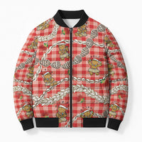 Red Palaka Hawaii Mele Kalikimaka Bomber Puffer Jacket Ohia Lehua Shell Leis Funny Gingerbread Santa - Polynesian Pride