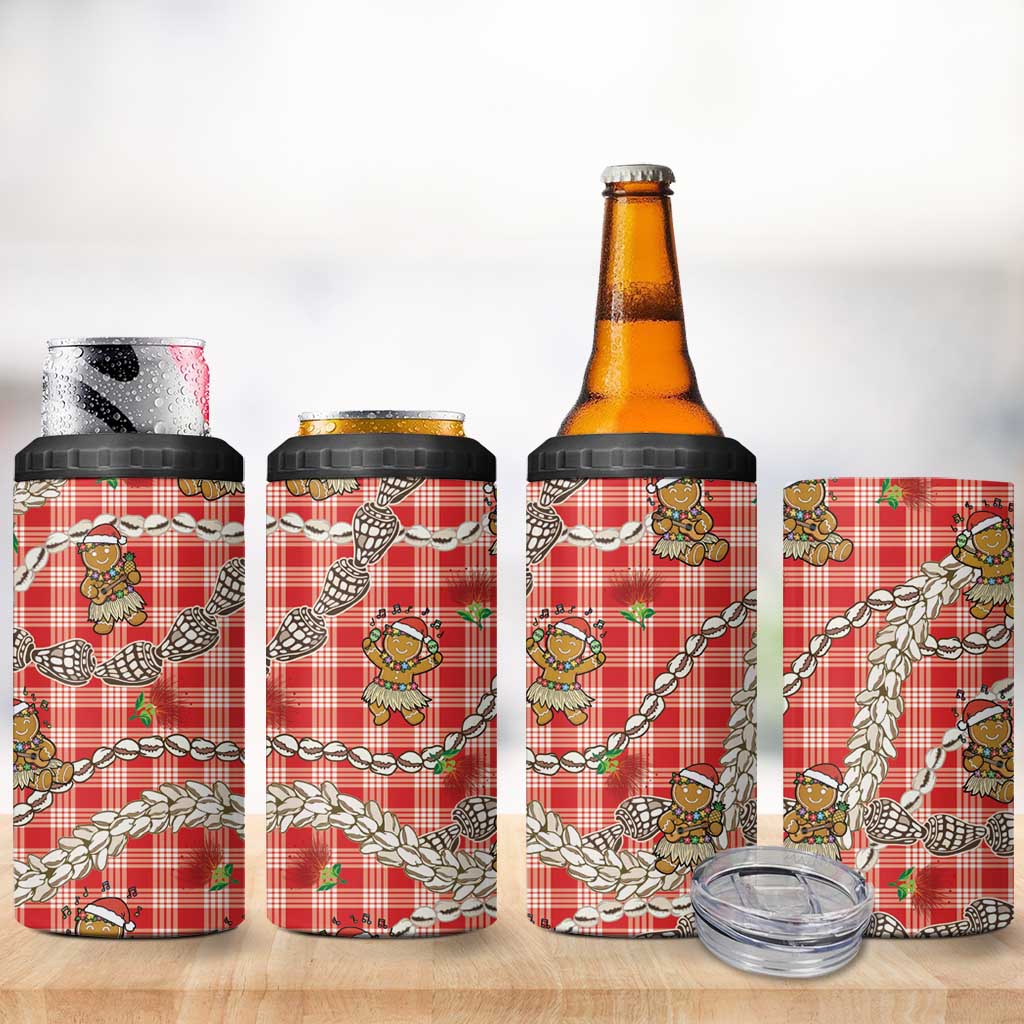 Red Palaka Hawaii Mele Kalikimaka 4 in 1 Can Cooler Tumbler Ohia Lehua Shell Leis Funny Gingerbread Santa - Polynesian Pride