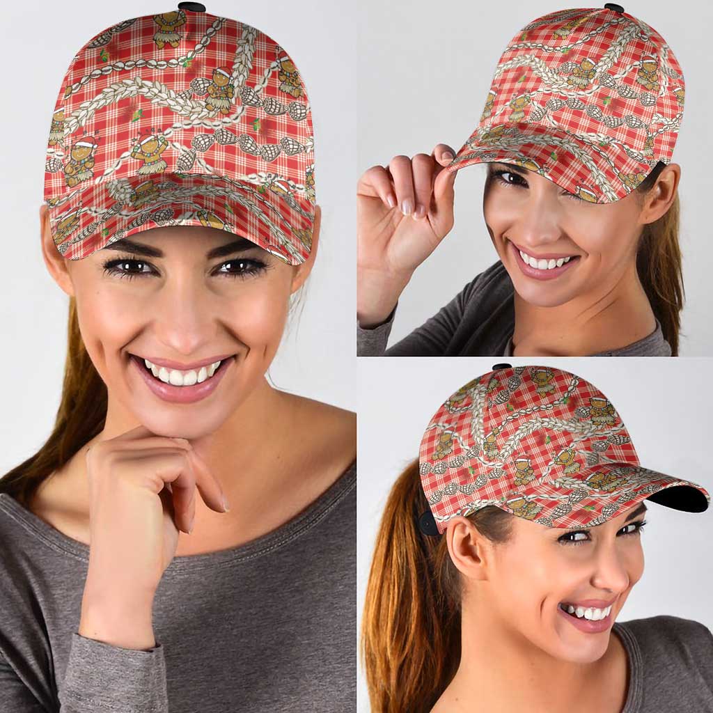 Red Palaka Hawaii Mele Kalikimaka Classic Cap Ohia Lehua Shell Leis Funny Gingerbread Santa - Polynesian Pride