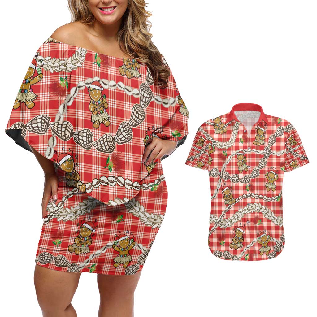 Red Palaka Hawaii Mele Kalikimaka Couples Matching Off Shoulder Short Dress and Hawaiian Shirt Ohia Lehua Shell Leis Funny Gingerbread Santa - Polynesian Pride