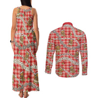 Red Palaka Hawaii Mele Kalikimaka Couples Matching Tank Maxi Dress and Long Sleeve Button Shirt Ohia Lehua Shell Leis Funny Gingerbread Santa - Polynesian Pride