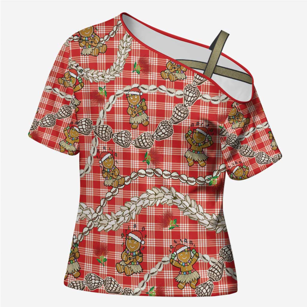 Red Palaka Hawaii Mele Kalikimaka Cross Shoulder Shirt Ohia Lehua Shell Leis Funny Gingerbread Santa - Polynesian Pride