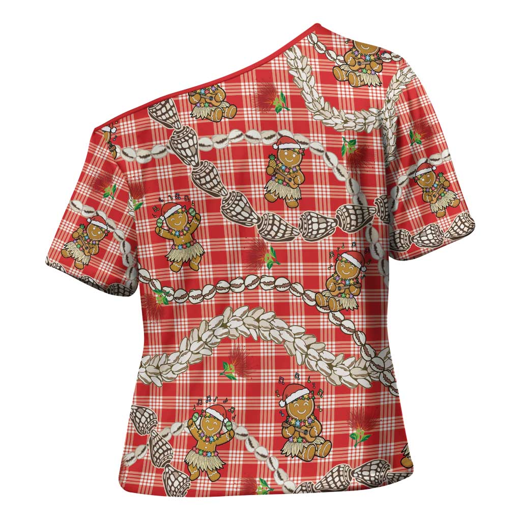 Red Palaka Hawaii Mele Kalikimaka Cross Shoulder Shirt Ohia Lehua Shell Leis Funny Gingerbread Santa - Polynesian Pride