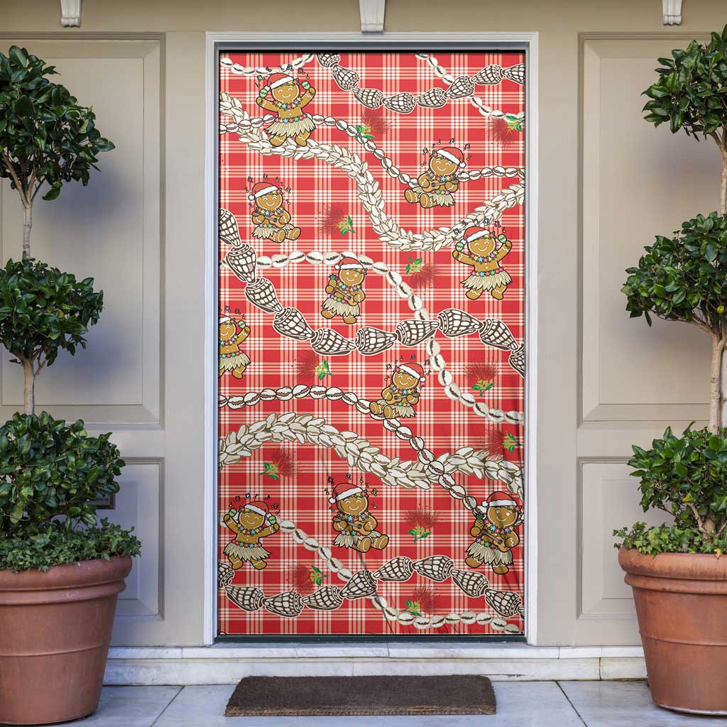 Red Palaka Hawaii Mele Kalikimaka Door Cover Ohia Lehua Shell Leis Funny Gingerbread Santa - Polynesian Pride