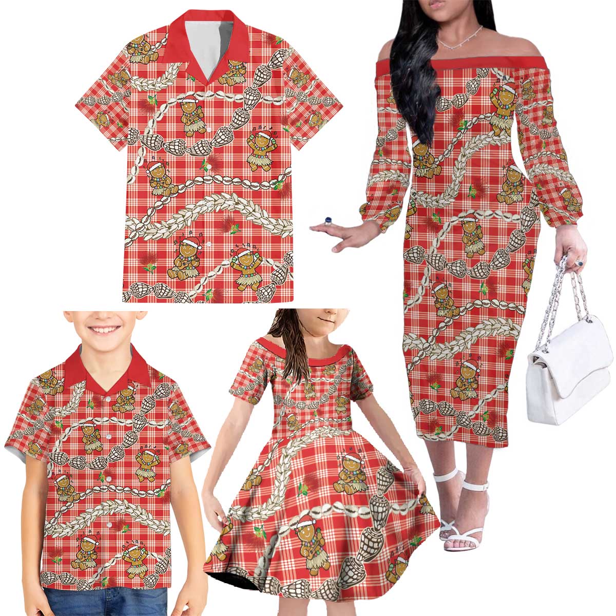Red Palaka Hawaii Mele Kalikimaka Family Matching Off The Shoulder Long Sleeve Dress and Hawaiian Shirt Ohia Lehua Shell Leis Funny Gingerbread Santa - Polynesian Pride