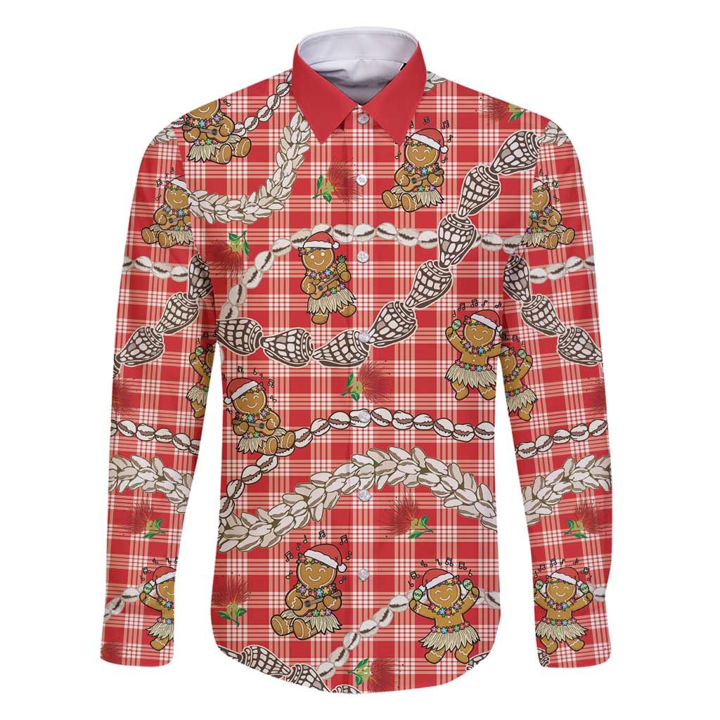 Red Palaka Hawaii Mele Kalikimaka Family Matching Off Shoulder Maxi Dress and Hawaiian Shirt Ohia Lehua Shell Leis Funny Gingerbread Santa - Polynesian Pride