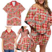 Red Palaka Hawaii Mele Kalikimaka Family Matching Off Shoulder Short Dress and Hawaiian Shirt Ohia Lehua Shell Leis Funny Gingerbread Santa - Polynesian Pride